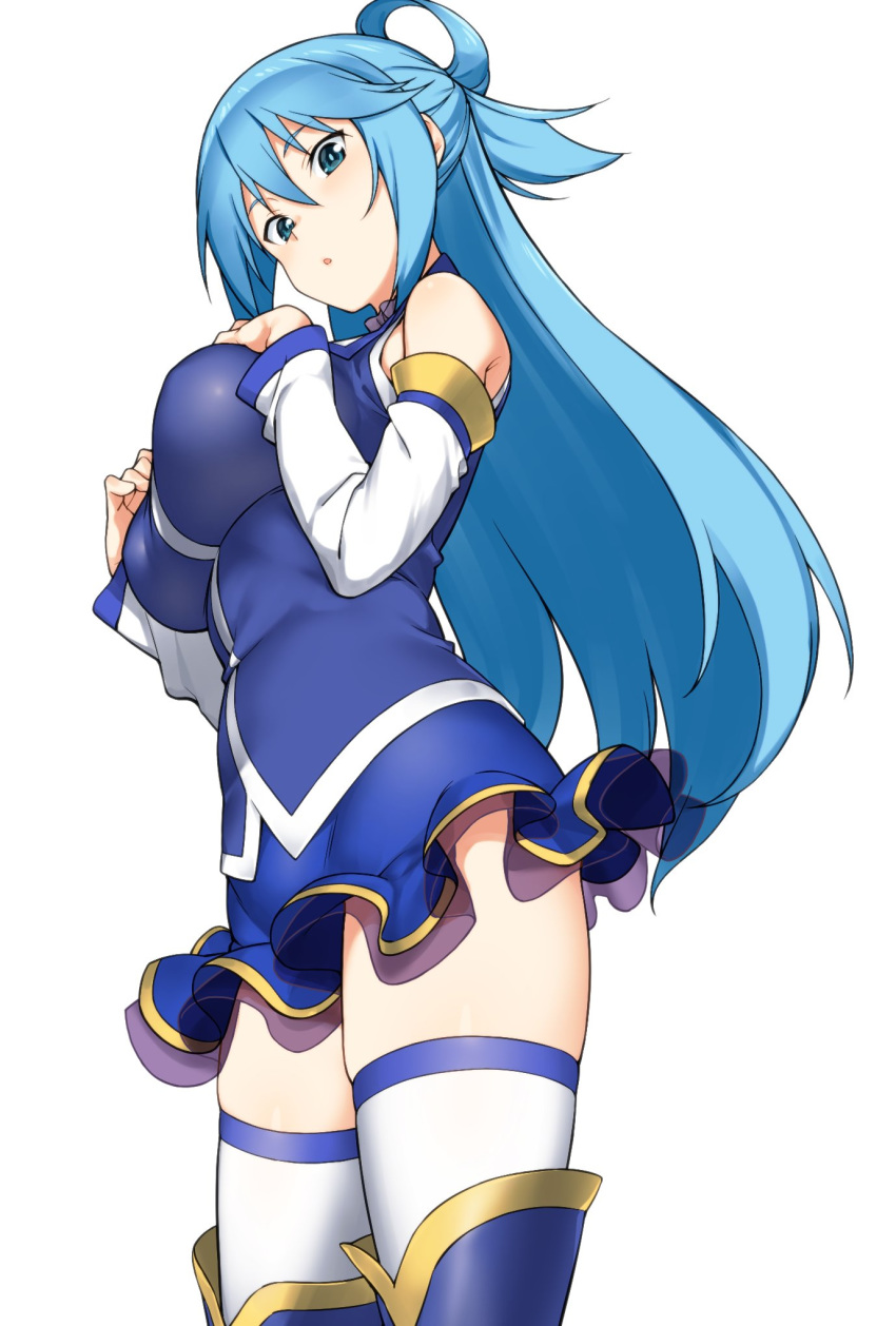 aqua_(konosuba) blue_eyes blue_footwear blue_hair blue_shirt blue_skirt blush boots bow breasts detached_sleeves female green_bow hair_rings hands_on_own_chest hatakenaka_(kamagabuchi) highres kono_subarashii_sekai_ni_shukufuku_wo! large_breasts long_hair looking_at_viewer shirt simple_background skirt solo thick_thighs thigh_boots thighhighs thighhighs_under_boots thighs white_background white_thighhighs zettai_ryouiki