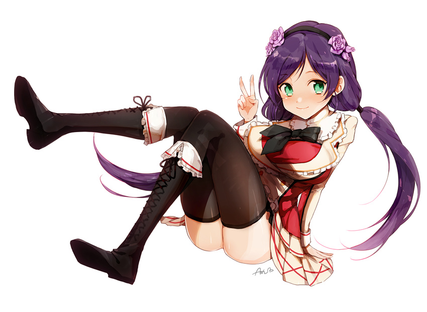 anz_(starry) blush boots breasts commentary_request cross-laced_footwear female green_eyes idol lace-up_boots large_breasts long_hair looking_at_viewer love_live! love_live!_school_idol_project photoshop_(medium) purple_hair skirt smile solo sore_wa_bokutachi_no_kiseki tojo_nozomi twintails v