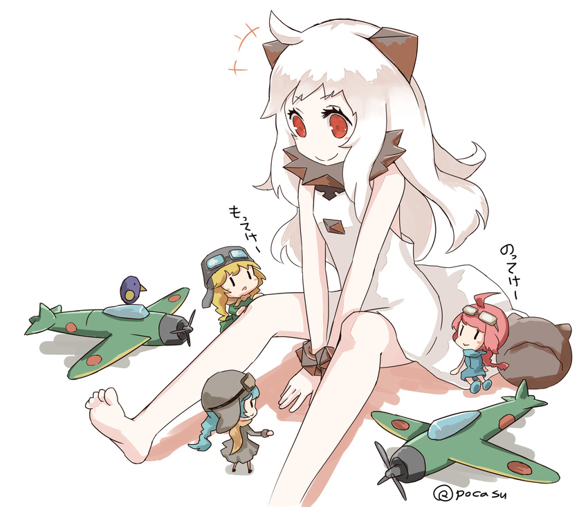 4girls absurdres abyssal_ship ahoge aircraft airplane barefoot between_legs bird colored_skin commentary_request dress fairy_(kancolle) flight_goggles hand_between_legs highres kantai_collection long_hair multiple_girls northern_ocean_princess pokasu red_eyes sitting sleeveless sleeveless_dress smile translated type_0_fighter_model_52 type_0_fighter_model_62 type_0_observation_seaplane white_hair white_skin