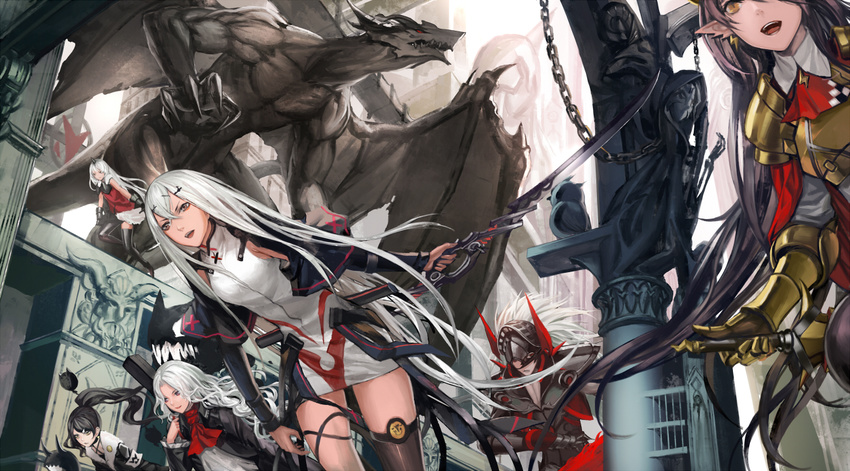 armor black_hair chains dragon dress group long_hair pixiv_fantasia pointed_ears ponytail red_eyes sword thighhighs weapon white_hair zhouran