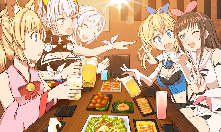 .live 5girls alcohol animal_ear_fluff animal_ears aroha_j beer blonde_hair blue_eyes breasts brown_hair crossover dennou_shoujo_siro elbow_gloves food fox_ears gloves hair_ornament hairband hairclip kaguya_luna kemomimi_oukoku_kokuei_housou kizuna_ai kizuna_ai_inc. long_hair looking_at_viewer mikoko_(kemomimi_oukoku_kokuei_housou) mirai_akari mirai_akari_project multicolored_hair multiple_crossover multiple_girls one_eye_closed open_mouth short_hair smile sushi the_moon_studio twintails virtual_youtuber virtual_youtuber_shiten'nou