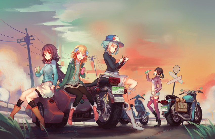 boots doomfest drink group hat hibiki_ai kosaka_yukina misono_chiya moritomo_nozomi motorcycle shorts sunset the_rolling_girls thighhighs torn_clothes