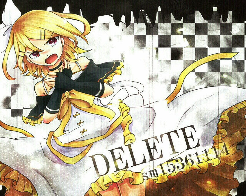 blonde_hair commentary_request dress english_text female frilled_dress frills gloves hair_ornament hair_ribbon hairclip hand_on_own_chest kagamine_rin open_mouth red_eyes ribbon short_hair solo vocaloid wakolenrin