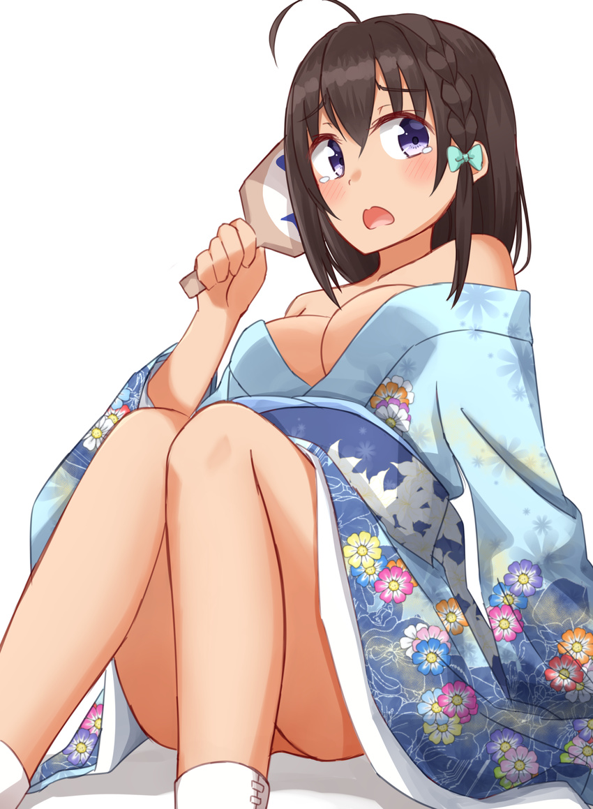 ahoge bad_id bad_pixiv_id bare_shoulders blue_kimono braid breasts brown_hair dark-skinned_female dark_skin female floral_print hagoita high_school_fleet highres japanese_clothes kapatarou kimono looking_at_viewer medium_breasts open_mouth paddle purple_eyes short_hair simple_background single_braid sitting solo tears uchida_mayumi white_background