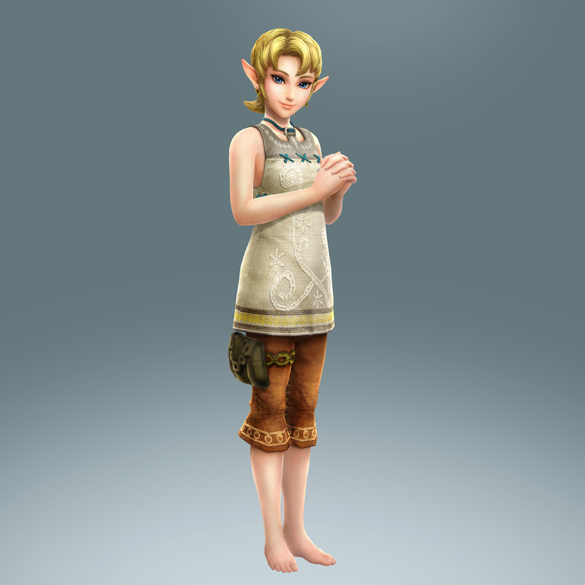 3d alternate_costume barefoot blonde_hair blue_eyes feet full_body gradient gradient_background highres ilia ilia_(cosplay) princess_zelda short_hair solo the_legend_of_zelda the_legend_of_zelda:_twilight_princess twilight_princess zelda_musou