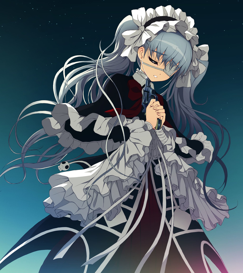 axanael bandages bow capelet closed_eyes dress eyepatch female game_cg glint grey_hair gun handgun highres long_hair medical_eyepatch noko_(axanael) photoshop_(medium) revolver ribbon skull solo suicide tears tsuji_santa twintails weapon