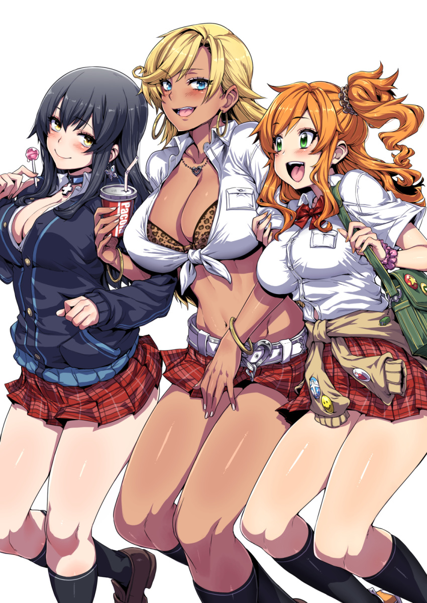 3girls amesuku_gyaru animal_print badge bag belt black_hair blonde_hair blue_eyes blue_jacket blush bow bowtie bra breasts brown_bra button_badge cardigan choker cleavage closed_mouth clothes_around_waist commentary_request dark-skinned_female dark_skin dress_shirt earrings ganguro girl_sandwich green_eyes gyaru hair_between_eyes highres hip_focus hirakawa_natsumi_(jk_bitch_sannin_musume!) hoop_earrings jacket jewelry jk_bitch_sannin_musume! kneehighs kogal large_breasts leopard_print long_hair medium_breasts microskirt midriff multiple_girls navel nishizawa_shizuku open_mouth orange_hair plaid plaid_skirt pleated_skirt red_skirt sandwiched sasamori_anna school_uniform scrunchie shirt shoulder_bag side_ponytail simple_background skirt smile socks sweater sweater_around_waist swept_bangs tan thighs tied_shirt underwear wavy_hair white_background whoosaku yellow_eyes