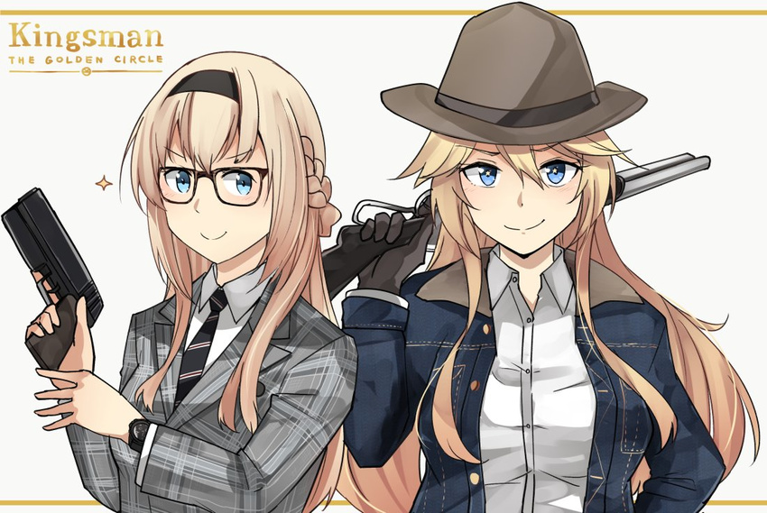 >:) 2girls alternate_costume bespectacled black-framed_eyewear black_necktie blonde_hair blue_eyes brown_hat buttons commentary glasses gun hair_between_eyes hat holding holding_gun holding_weapon ido_(teketeke) iowa_(kancolle) kantai_collection kingsman:_the_golden_circle kingsman:_the_secret_service long_hair long_sleeves multiple_girls necktie parody smile sparkle v-shaped_eyebrows warspite_(kancolle) weapon