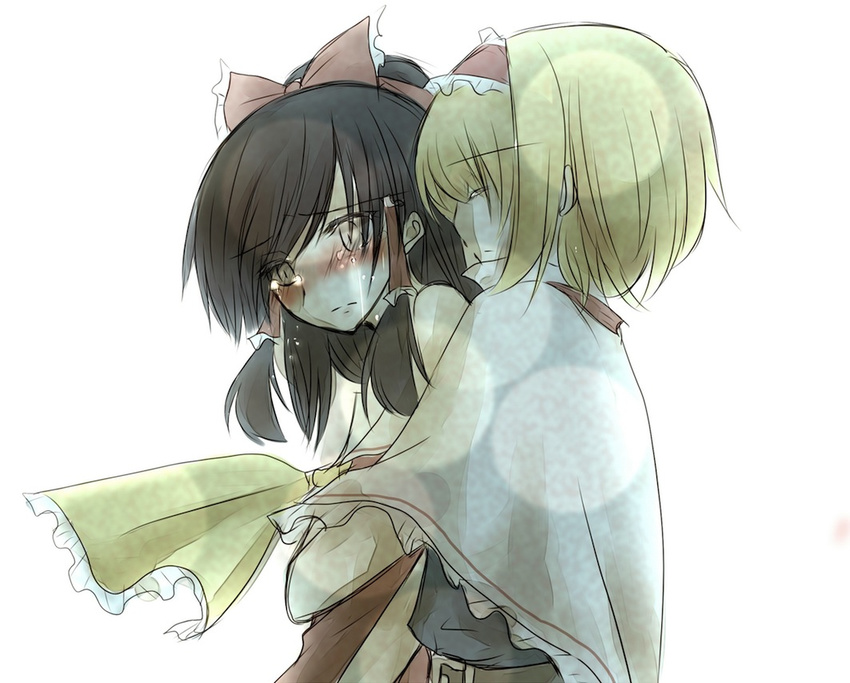 2girls 66ta1yak1 alice_margatroid ascot blonde_hair blush bow capelet commentary_request crying crying_with_eyes_open detached_sleeves hair_tubes hairband hairbow hakurei_reimu multiple_girls short_hair tears touhou