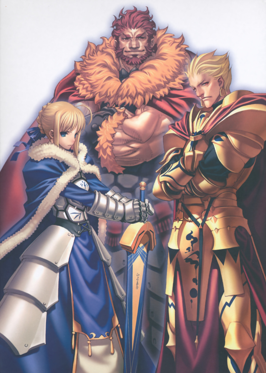 2boys absurdres ahoge armor artoria_pendragon_(fate) avalon_(fate/stay_night) bad_id bad_source beard blonde_hair blue_cloak blue_eyes cape cloak excalibur_(fate/stay_night) facial_hair fate/zero fate_(series) female fur-trimmed_cloak fur_trim gilgamesh_(fate) highres holding holding_sword holding_weapon iskandar_(fate) itou_ben manly multiple_boys planted planted_sword red_cape red_hair saber_(fate) scan sheath sheathed sword weapon