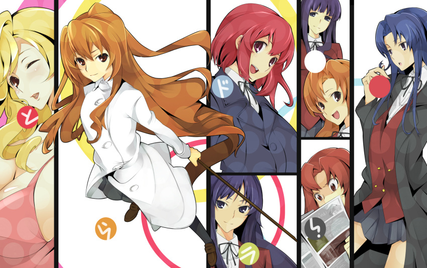 6+girls aisaka_taiga bad_id bad_pixiv_id blonde_hair blush bokken brown_hair highres kanou_sumire kashii_nanako kawashima_ami kihara_maya koigakubo_yuri kushieda_minori long_hair multiple_girls nanao_(mahaya) one_eye_closed smile sword takasu_yasuko toradora! weapon wooden_sword