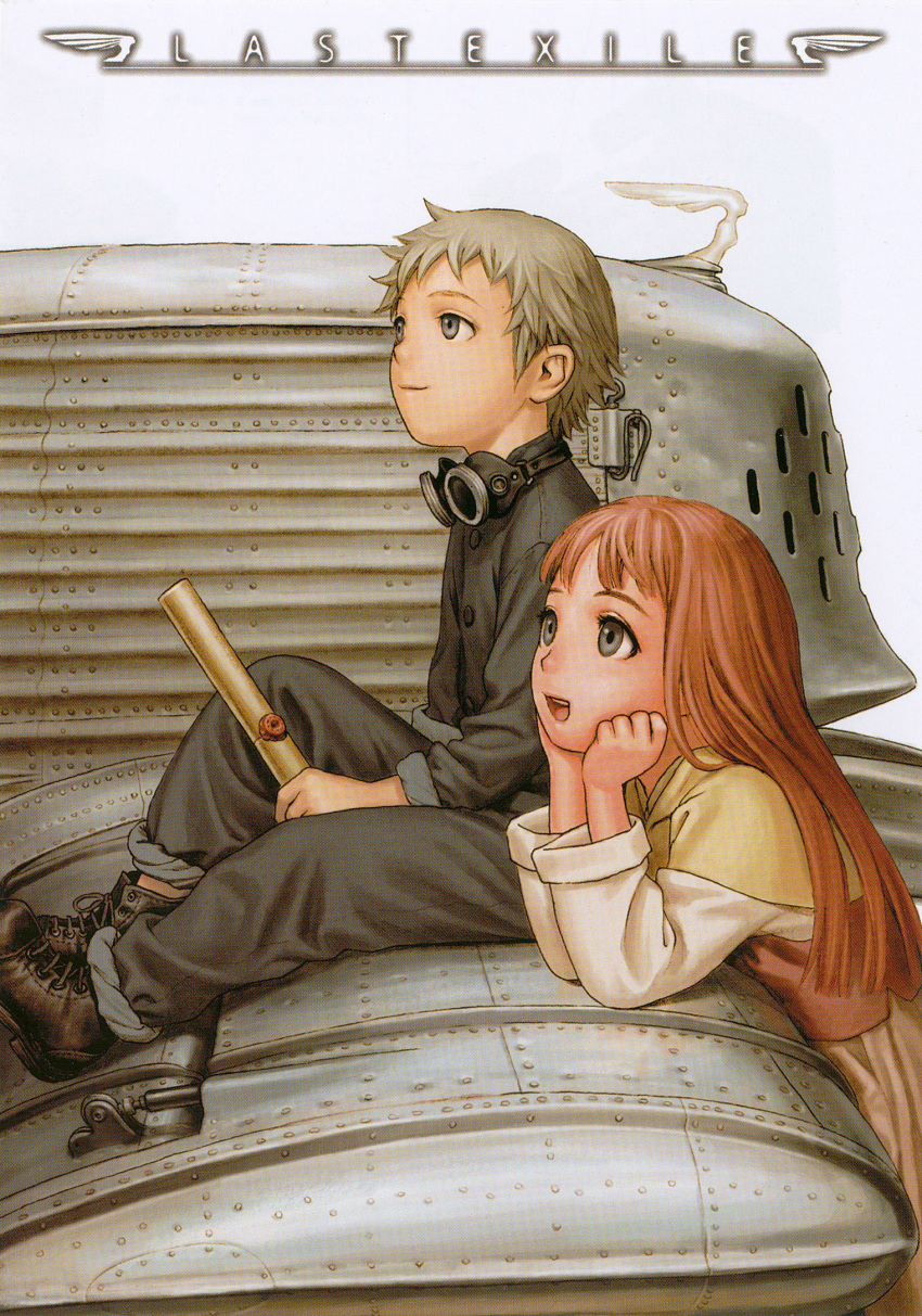 1boy blonde_hair bob_cut claus_valca female goggles grey_eyes highres last_exile lavie_head lolicon long_hair murata_range official_art photoshop_(medium) red_hair scan short_hair sitting smile steampunk vanship