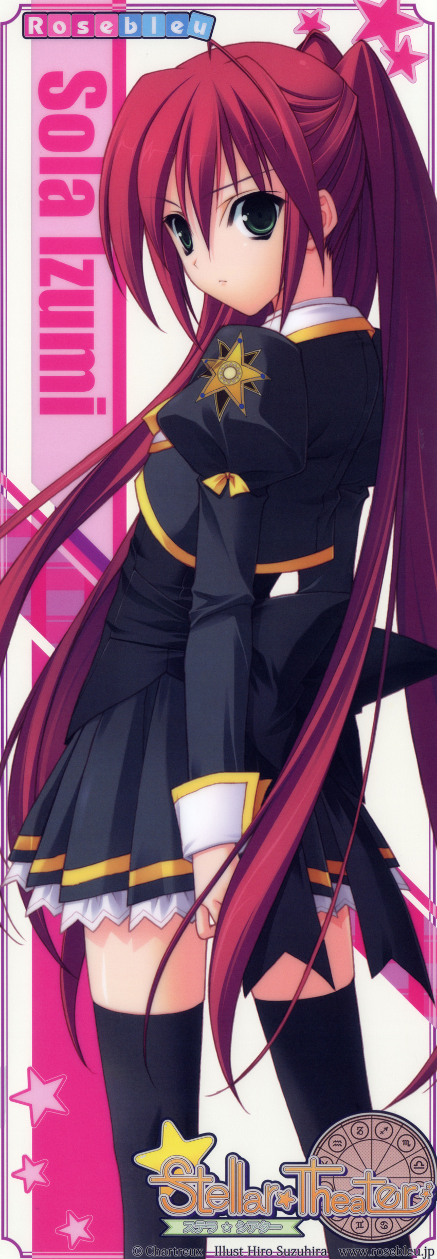 absurdres aquarius_(symbol) black_thighhighs cancer_(symbol) capricorn_(symbol) character_name company_name copyright_name female from_behind gemini_(symbol) green_eyes highres izumi_sora juliet_sleeves libra_(symbol) long_hair long_sleeves looking_at_viewer looking_back puffy_sleeves red_hair sagittarius_(symbol) school_uniform scorpio_(symbol) serious solo star_(symbol) star_print stellar_theater stick_poster suzuhira_hiro thighhighs twintails web_address zettai_ryouiki zodiac zodiac_wheel