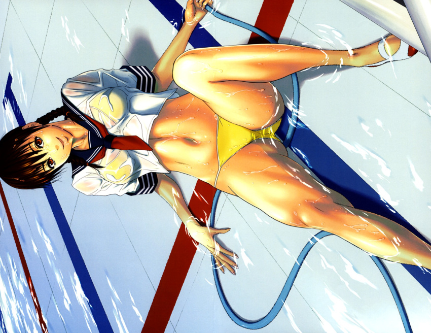 bikini bikini_under_clothes blue_sailor_collar braid brown_hair copyright_request crop_top female highres hose konbuni navel no_pants pool reclining red_eyes sailor_collar sailor_shirt school_uniform see-through shirt shoes short_sleeves sideways smile solo spread_legs string_bikini swimsuit twin_braids uwabaki wading water wet wet_clothes wet_shirt white_shirt yellow_bikini