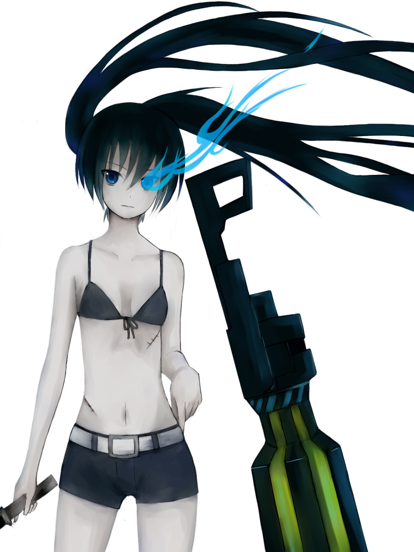 arm_cannon bare_arms bare_shoulders belt belt_buckle bikini black_hair black_rock_shooter black_rock_shooter_(character) blue_eyes buckle commentary_request female flaming_eye front-tie_bikini_top front-tie_top gun highres holding holding_sword holding_weapon kuma_panda long_hair looking_at_viewer navel no_shirt shorts solo standing stitches stomach swimsuit sword twintails weapon