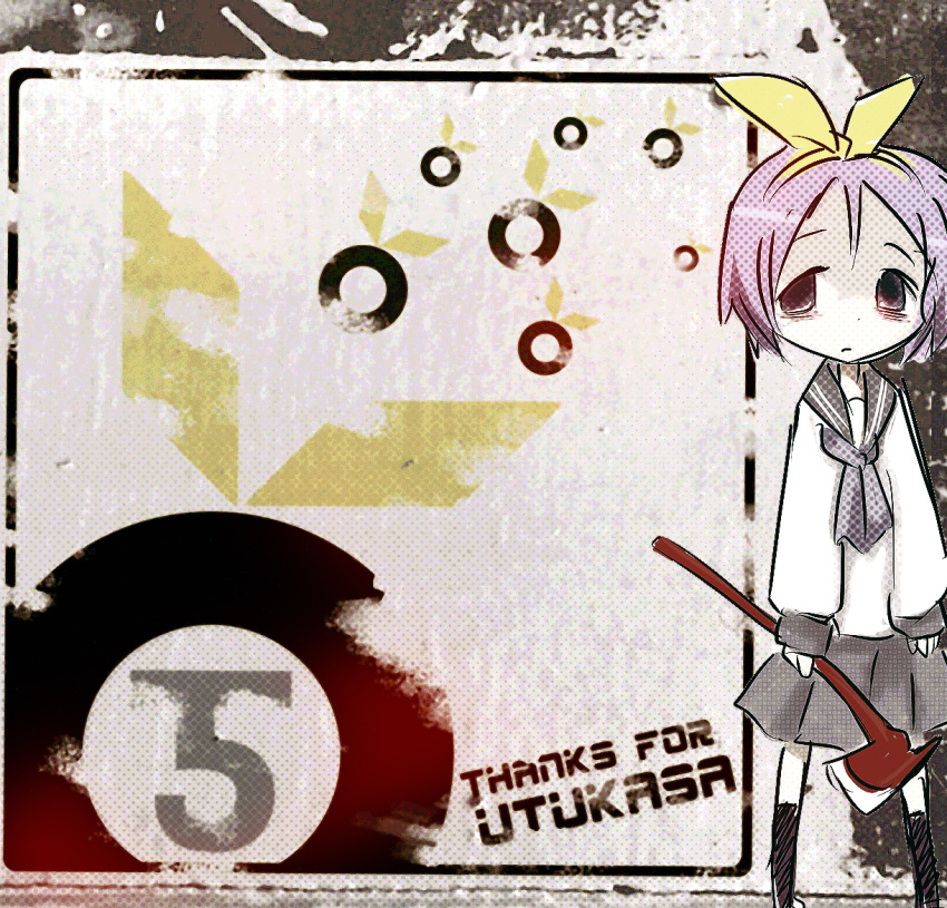 axe bad_id bad_pixiv_id female hiiragi_tsukasa lucky_star ribbon ryouou_school_uniform sad school_uniform serafuku sne solo weapon