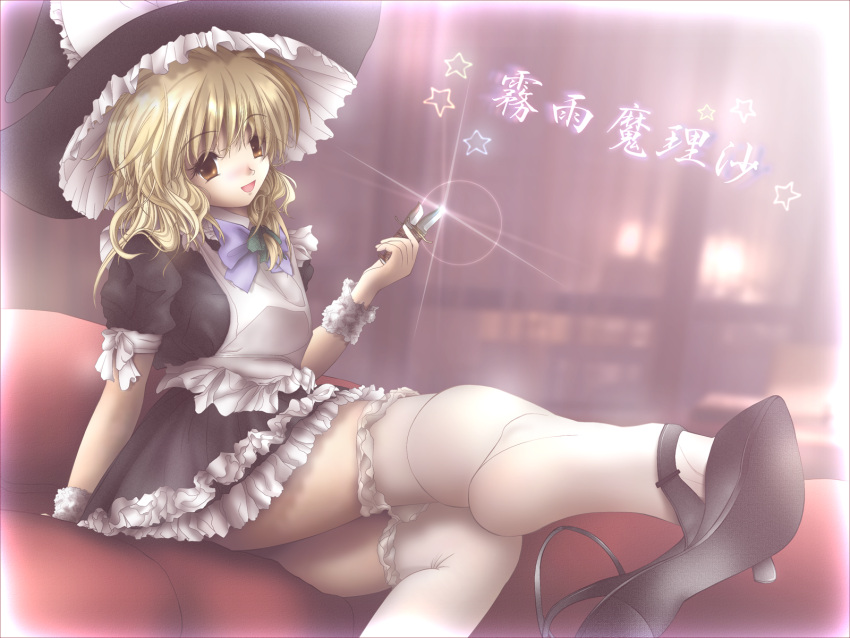 apron bad_perspective blonde_hair bow bowtie commentary_request female gisarme hat highres kirisame_marisa knife maid shoe_dangle shoes sitting solo thighhighs touhou white_thighhighs wrist_cuffs