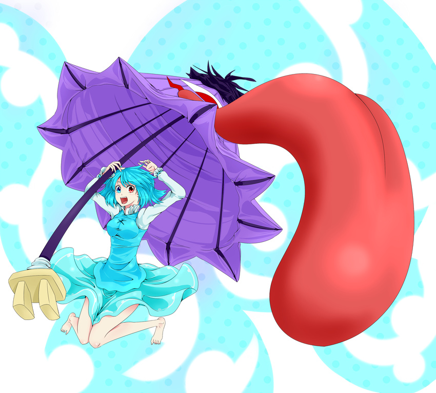 bare_legs barefoot blue_eyes blue_hair commentary_request female geta heterochromia highres karakasa_obake miimu_(nelreg3) open_mouth purple_umbrella red_eyes short_hair skirt smile solo tatara_kogasa tongue touhou umbrella