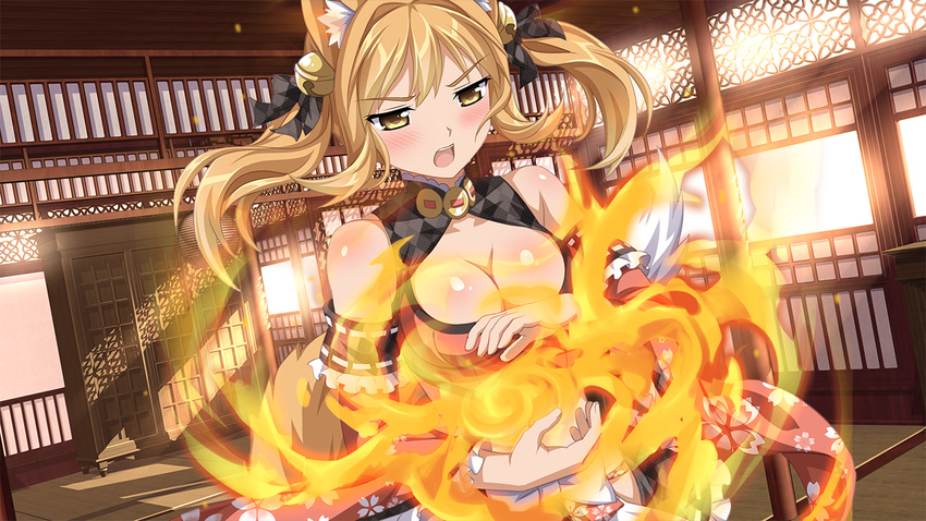 animal_ears bell blonde_hair blush bow breasts cleavage fire game_cg magic sakura_spirit sakurano_maeko skirt tail twintails winged_cloud_(wanaca) yellow_eyes