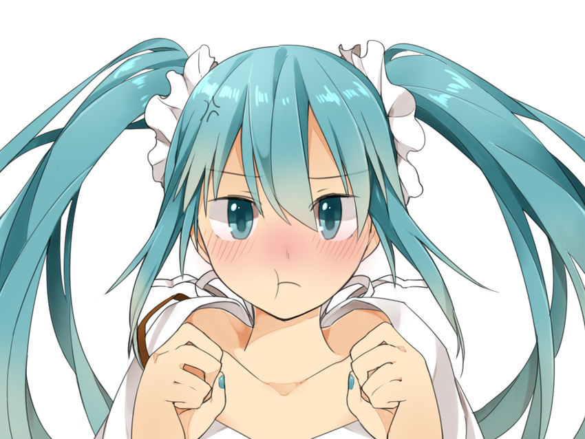 aqua_eyes aqua_hair blush collarbone commentary_request female full-face_blush hair_ornament hatsune_miku long_hair looking_at_viewer nail_polish naruto_maki pout solo transparent_background twintails vocaloid