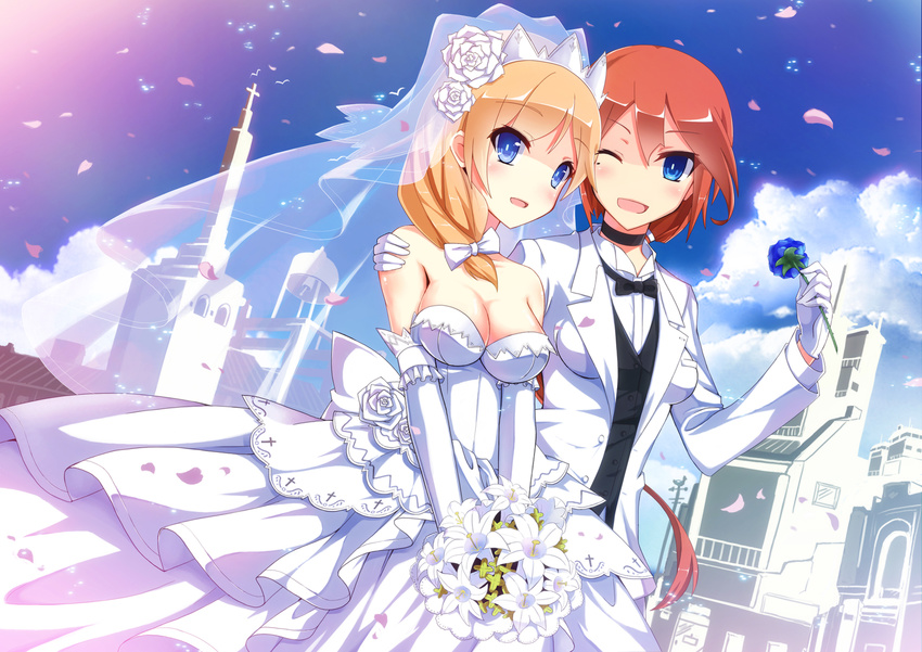 2girls anthro blonde_hair blue_eyes blush bow breasts choker cleavage dress elbow_gloves flowers gloves headdress nelson orange_hair petals ponytail rodney shoujo_ai suit uiu wedding wedding_attire wink zhanjian_shaonu