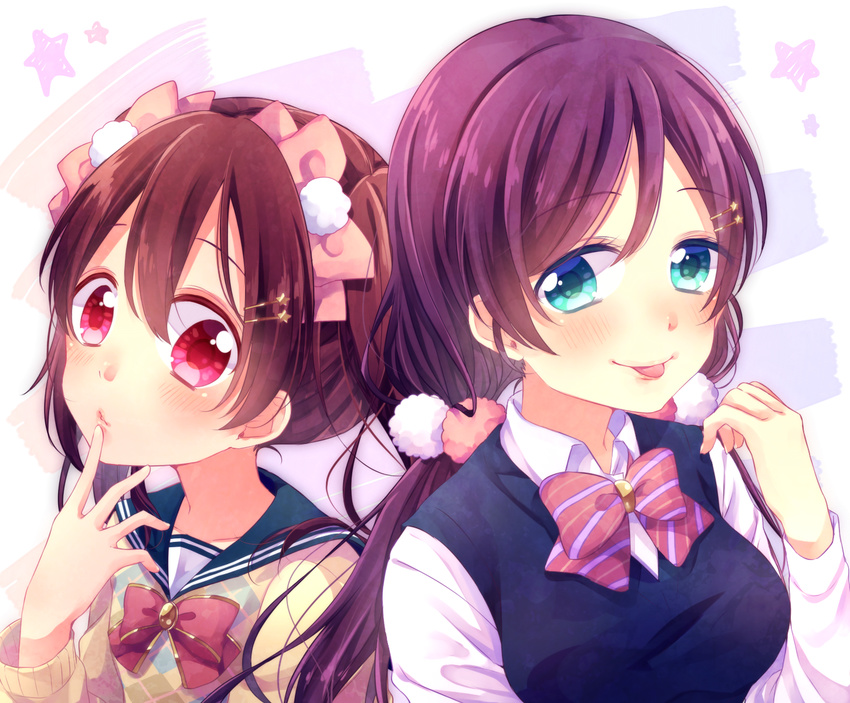 2girls black_hair blue_eyes blush headdress hinano long_hair love_live!_school_idol_project purple_hair red_eyes seifuku toujou_nozomi yazawa_nico