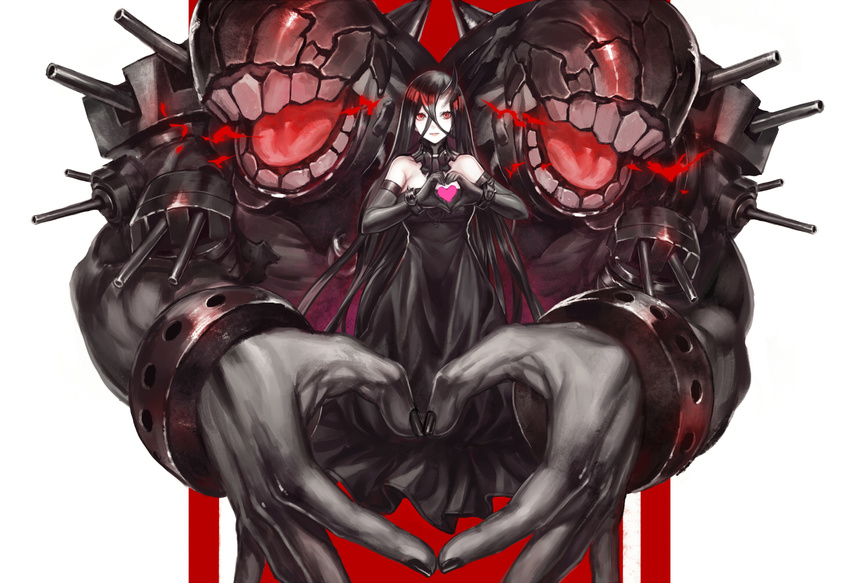 battleship_water_oni black_hair dress elbow_gloves heart horns kantai_collection long_hair polychromatic red_eyes valentine wristwear zhouran