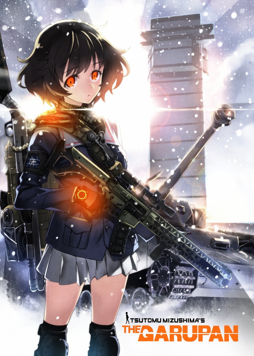 akiyama_yukari ar-15 armband artistic_error assault_rifle backpack bag bandana black_gloves black_legwear blue_jacket brown_eyes brown_hair caterpillar_tracks closed_mouth commentary_request cowboy_shot crossover emblem english_text female girls_und_panzer gloves gun highres holding holding_weapon jacket keffiyeh knee_pads long_sleeves looking_at_viewer lvoa-c machine_gun matsuryuu messy_hair military military_uniform military_vehicle miniskirt motor_vehicle ooarai_(emblem) ooarai_(ibaraki) ooarai_marine_tower orange_eyes panzer_iv parody pleated_skirt rifle scarf scope short_hair shotgun skirt snow snowing solo standing tank title_parody tom_clancy's_the_division tower trigger_discipline uniform weapon weapon_request white_skirt