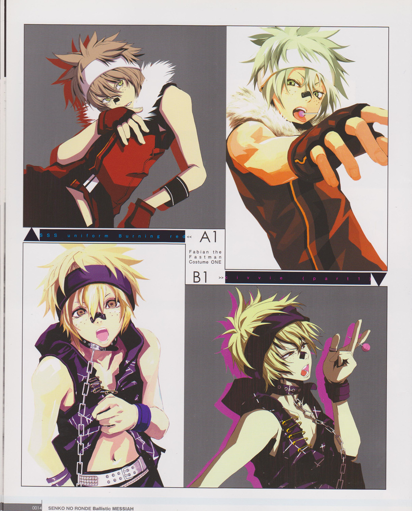 1boy absurdres alternate_costume artbook belt buckle collarbone fabian_the_fastman fur_trim hairband highres looking_at_viewer male_focus midriff navel non-web_source senkou_no_ronde simple_background spiked_hair stomach white_background