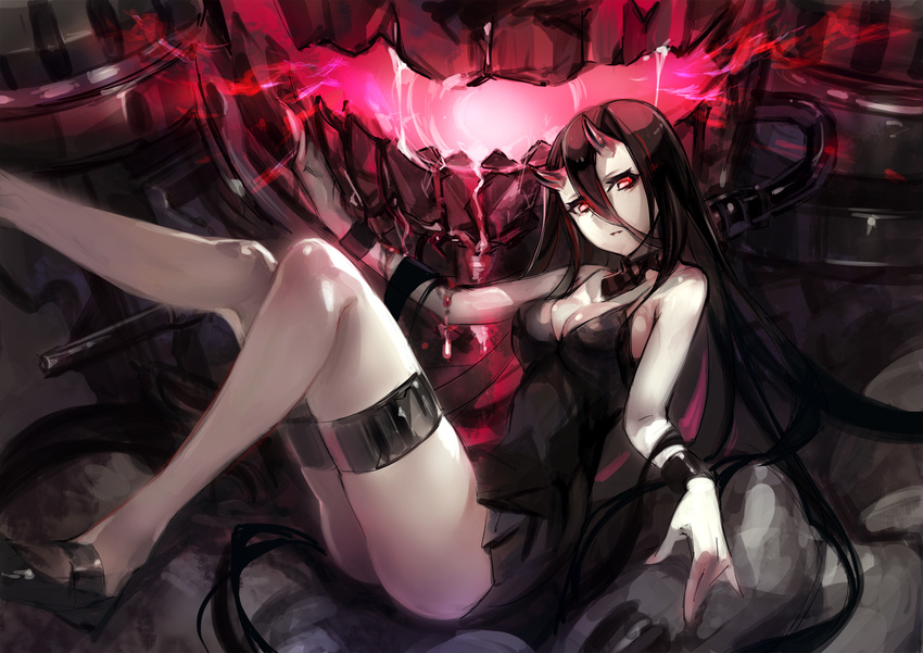 battleship-symbiotic_hime black_hair breasts cleavage dakuro horns kantai_collection long_hair red_eyes wristwear