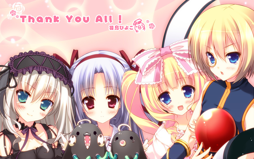 11eyes 4girls blonde_hair blue_hair blush commentary_request grey_hair hatori_piyoko highres lisette_vertorre long_hair momono_shiori monocle multiple_girls photoshop_(medium) red_eyes ribbon shoka_no_benedictus shoka_no_scholastica short_hair smile tears twintails very_long_hair white_hair