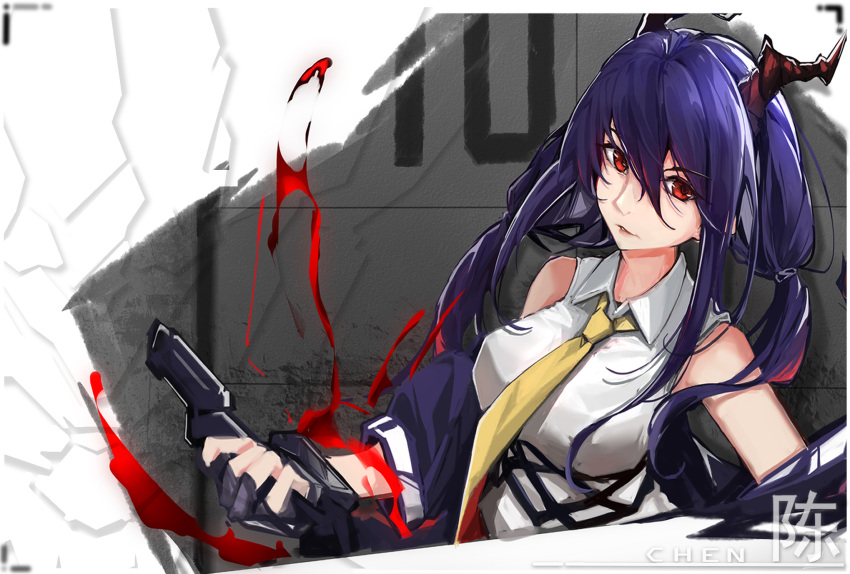 antennae arknights black_gloves blood blue_hair breasts ch'en_(arknights) character_name chinese_commentary closed_mouth commentary_request demon_girl demon_horns female fingerless_gloves gloves hair_ornament hairclip highres holding holding_weapon horns lips long_hair looking_at_viewer medium_breasts necktie red_eyes shirt simple_background solo ss-7 upper_body weapon white_shirt yellow_necktie