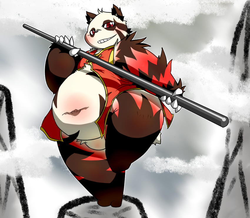 2010 anthro bear belly blush chiro_(artist) clothed clothing fanfan fur giant_panda kemono male mammal navel overweight overweight_anthro overweight_male red_body red_fur shaded solo weapon white_body white_fur