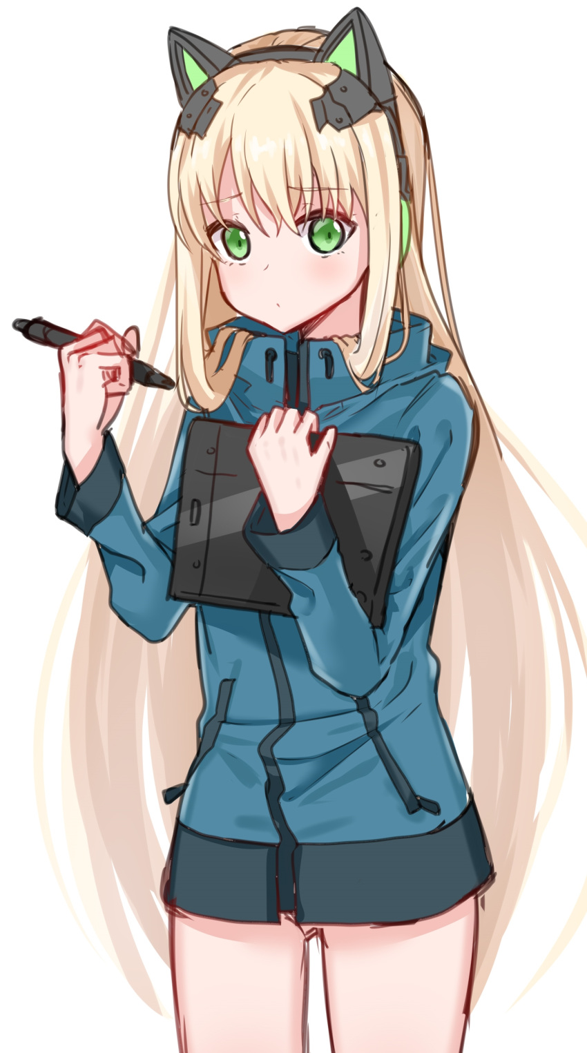 absurdres animal_ear_headphones animal_ears ass_visible_through_thighs bad_id bad_pixiv_id blonde_hair blue_jacket cat_ear_headphones clipboard cosplay eromanga_sensei fake_animal_ears female girls'_frontline green_eyes hayarob headphones highres izumi_sagiri izumi_sagiri_(cosplay) jacket korean_commentary long_hair miniskirt pen skirt solo thighs tmp_(girls'_frontline)