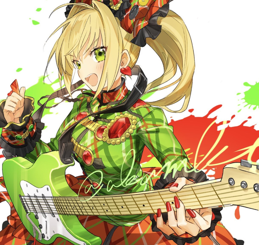 ahoge akamakoto blonde_hair blush braid breasts fate/extra fate/grand_order fate_(series) female french_braid green_eyes green_shirt guitar hair_between_eyes hair_intakes hair_ornament instrument large_breasts long_hair long_sleeves looking_at_viewer nero_claudius_(fate) nero_claudius_(fate/extra) nero_claudius_(lostroom_outfit)_(fate) official_alternate_costume open_mouth orange_skirt plectrum shirt side_ponytail skirt smile solo