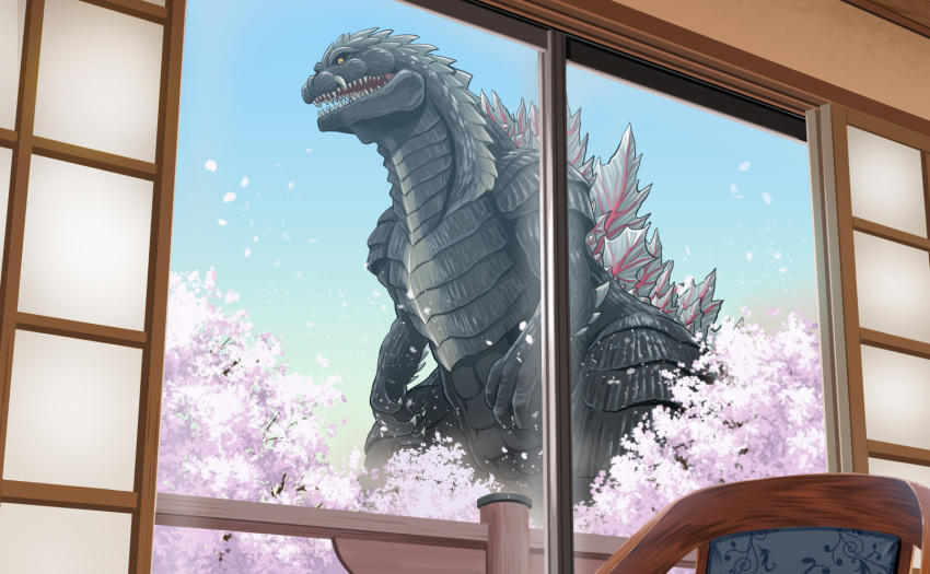 branch cherry_blossoms claws fangs flower giant giant_monster godzilla godzilla_(series) godzilla_singular_point godzilla_ultima highres kaijuu monster no_humans paid_reward_available petals pink_flower plum_blossoms scales sharp_teeth spikes spines spring_(season) tail teeth tree yuuki_koutarou