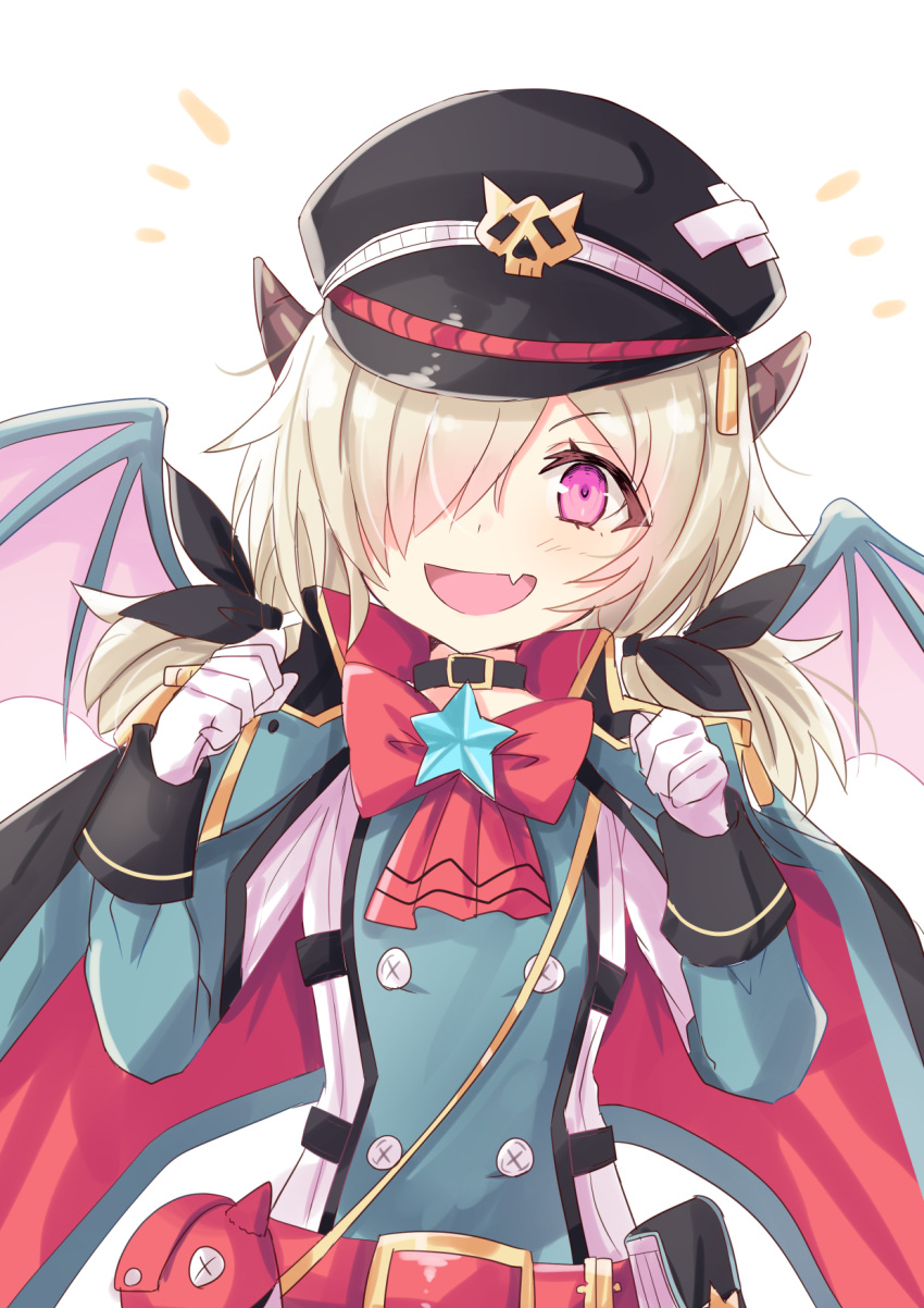 :d ascot belt black_hat black_ribbon blue_cape blue_jacket blush bow cape commentary_request crossed_bandaids dragon_girl dragon_horns dragon_wings female gloves hair_over_one_eye hair_ribbon hands_up hat highres hizaka horns inori_(princess_connect!) inori_(time_travel)_(princess_connect!) jacket jacket_on_shoulders light_brown_hair long_sleeves looking_at_viewer low_twintails military military_hat military_uniform notice_lines oerba_yun_fang official_alternate_costume open_mouth peaked_cap pink_eyes princess_connect! red_ascot red_belt red_bow red_cape ribbon simple_background smile solo twintails two-sided_fabric two-sided_jacket uniform upper_body white_background white_gloves wings