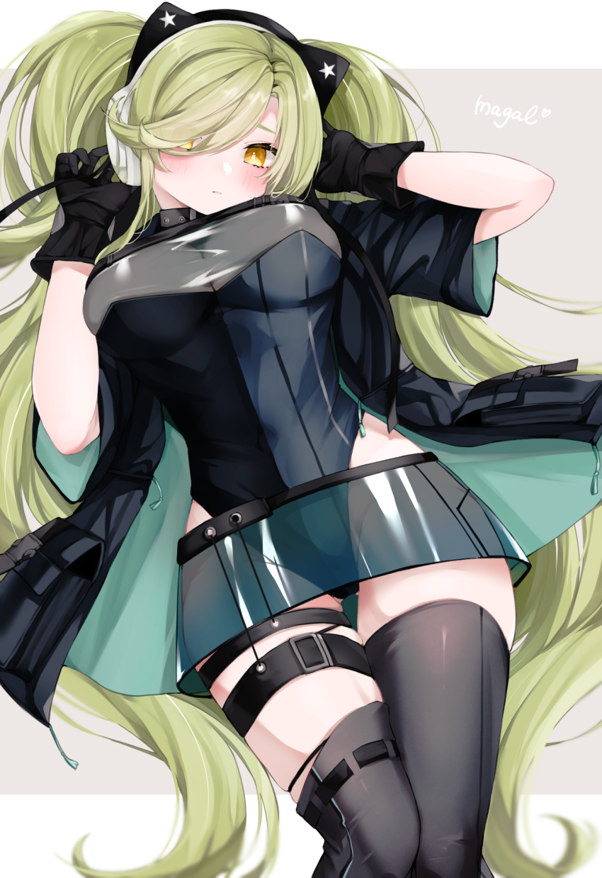 ass_visible_through_thighs asymmetrical_legwear bad_id bad_pixiv_id black_gloves black_jacket black_legwear black_leotard blush breasts character_name cleavage closed_mouth commentary_request covered_navel female girls'_frontline gloves green_hair groin hair_over_one_eye headphones highres hip_vent jacket kairi630 large_breasts leotard long_hair magal_(girls'_frontline) microskirt no_bra partial_commentary pouch see-through simple_background skindentation skirt solo star_(symbol) thigh_strap thighhighs thighs twintails two-tone_background uneven_legwear yellow_eyes