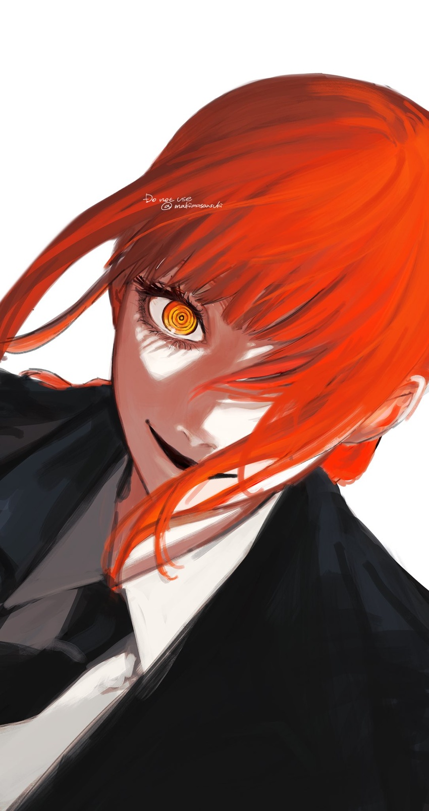 black_jacket black_necktie black_suit chainsaw_man collared_shirt dress_shirt dutch_angle evil_smile eyelashes female formal hair_between_eyes hair_over_one_eye highres jacket kamo_(kamonegioisi) looking_at_viewer makima_(chainsaw_man) medium_hair necktie open_mouth orange_eyes portrait red_hair ringed_eyes shirt simple_background smile solo suit twitter_username white_background white_shirt wing_collar