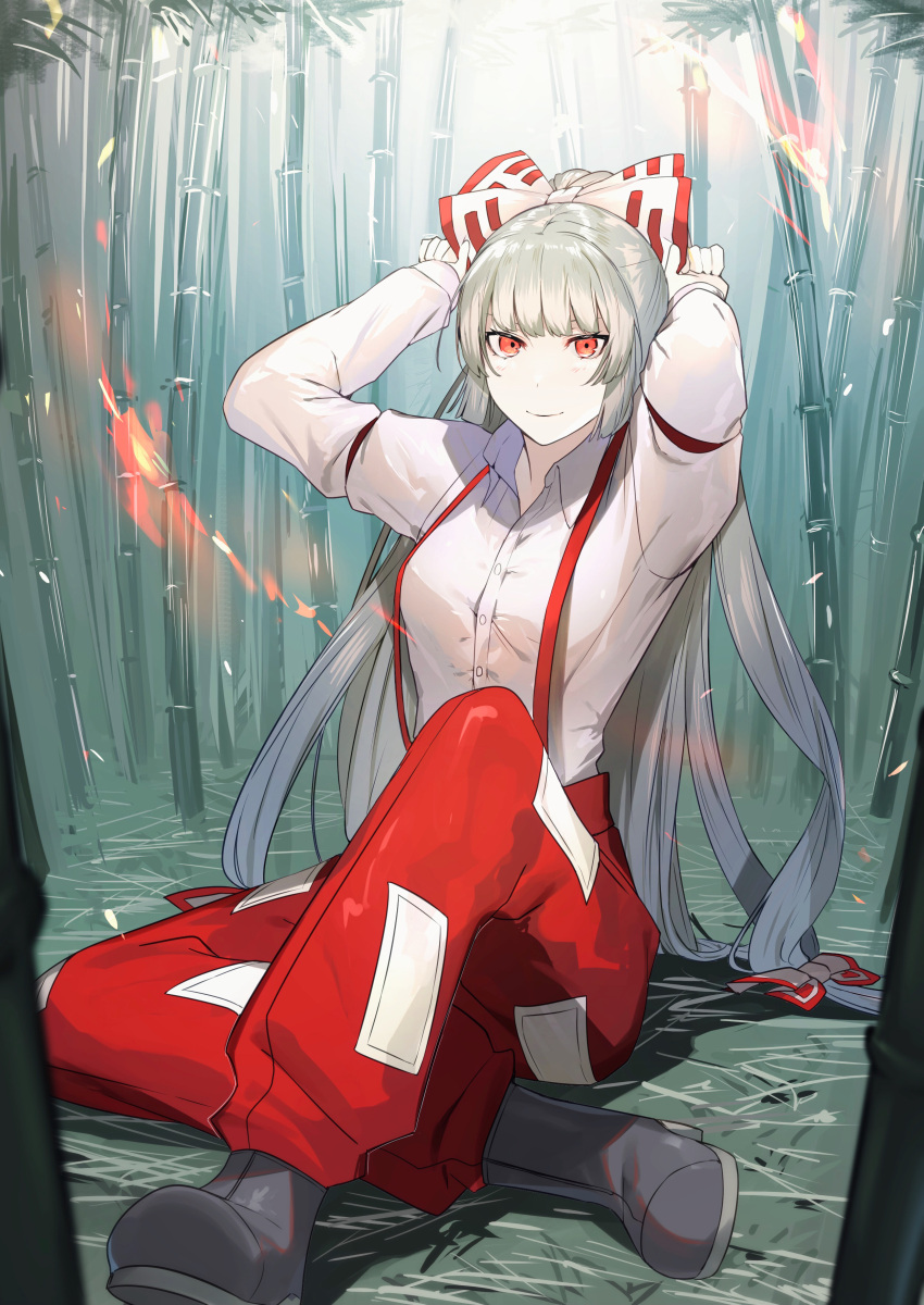 absurdres adjusting_bow armband arms_up baggy_pants bamboo bamboo_forest black_footwear boots bow buttons closed_mouth collared_shirt day female fire forest fujiwara_no_mokou full_body grey_hair hairbow hands_on_headwear high-waist_pants highres ikasoba knee_up long_hair long_sleeves looking_at_viewer multiple_hair_bows nature ofuda ofuda_on_clothes on_ground outdoors pants red_eyes red_pants shirt smile solo suspenders touhou very_long_hair white_shirt wing_collar