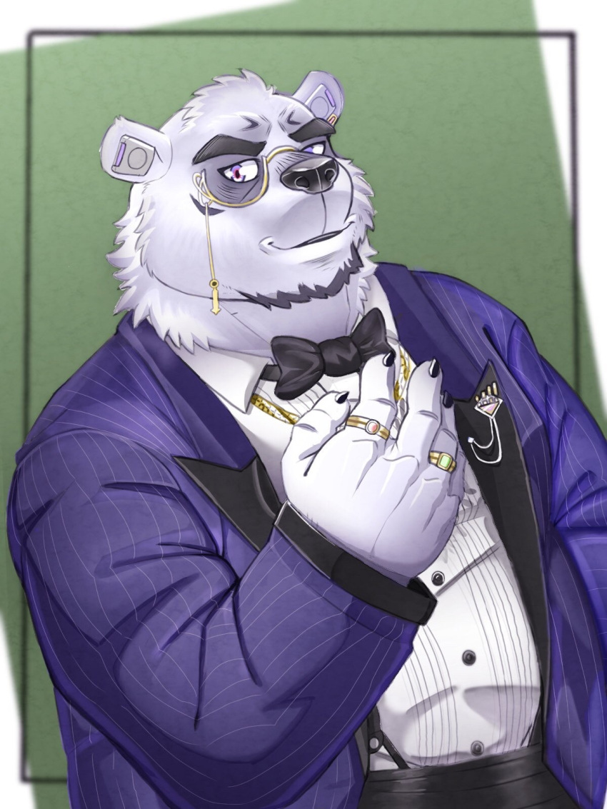 2021 3:4 anthro bear belly borealis_(live_a_hero) bow_tie clothing eyewear fur glasses hi_res humanoid_hands lhjal2 lifewonders live_a_hero male mammal overweight overweight_male polar_bear shirt simple_background solo topwear ursine white_body white_fur