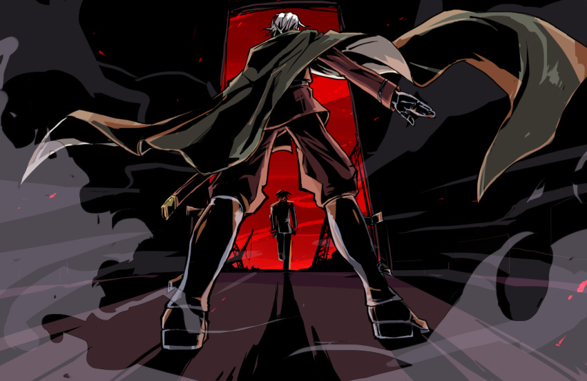 akatsuki_(akatsuki_blitzkampf) akatsuki_blitzkampf back_turned black_gloves black_hair boots cape commentary_request gloves glowing glowing_eye katana military military_uniform murakumo_(akatsuki_blitzkampf) night red_eyes red_sky refrai shaded_face shadow sheath sheathed sky sword uniform walking weapon