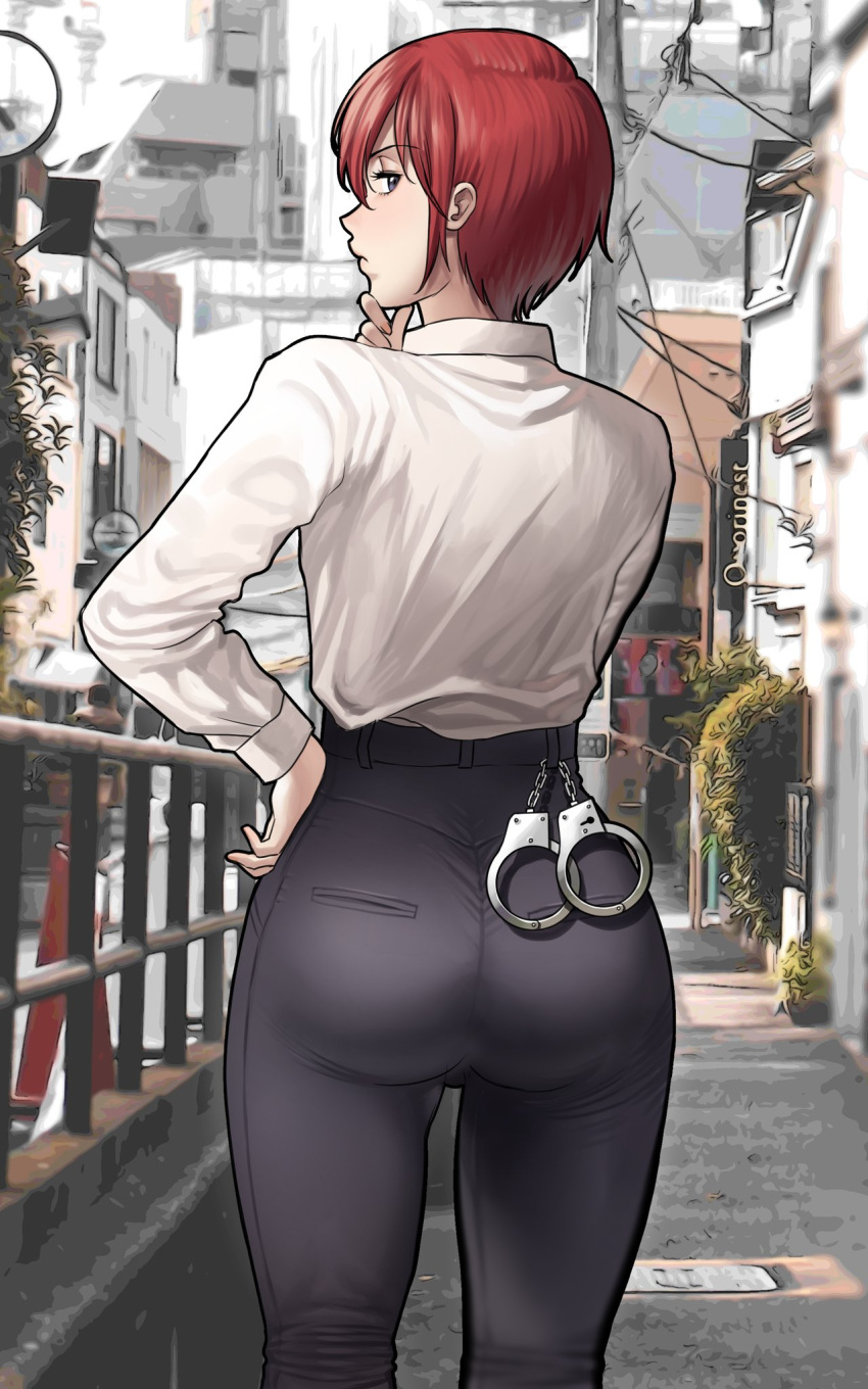 ass black_eyes black_pants cowboy_shot cuffs female from_behind han_soo-min_(hanny) handcuffs hanny_(uirusu_chan) high-waist_pants highres long_sleeves looking_at_viewer original outdoors pants plant profile red_hair shirt short_hair solo tekken white_shirt