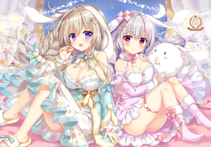 2girls :d ameto_yuki animal_ears artist_name bare_shoulders blanc_(ameto_yuki) blue_sleeves blush braid breasts brown_hair cleavage closed_mouth commentary_request crescent_moon detached_sleeves dress ecru_(ameto_yuki) food fur-trimmed_legwear fur_trim grey_hair hair_between_eyes hand_up highres holding holding_food knees_up large_breasts long_hair long_sleeves macaron moon multiple_girls open_mouth original pink_dress pink_legwear pink_sleeves purple_eyes rabbit_ears red_eyes sitting slippers smile socks star_(symbol) very_long_hair white_dress yellow_footwear