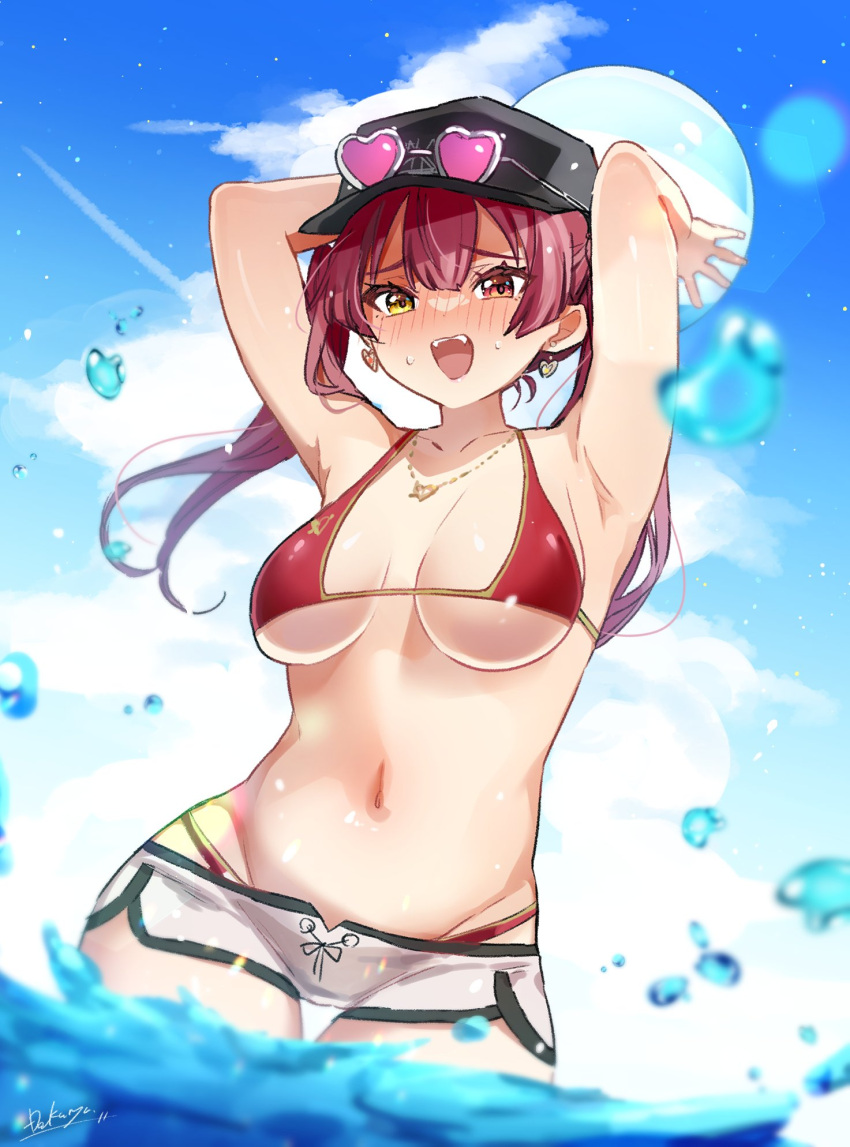 armpits arms_up ball baseball_cap beachball bikini bikini_under_clothes bikini_under_shorts black_hat blue_sky blurry blurry_foreground blush breasts breasts_apart cloud cloudy_sky collarbone cowboy_shot dakuryuu dated day depth_of_field earrings eyelashes eyewear_on_headwear female gold_trim hat heart heart-shaped_eyewear heterochromia highres holding hololive houshou_marine houshou_marine_(summer) jewelry large_breasts looking_at_viewer micro_bikini micro_shorts navel official_alternate_costume outdoors red_bikini red_eyes shiny_skin shorts sidelocks signature sky solo splashing stomach sweatdrop swimsuit teeth twintails upper_teeth_only virtual_youtuber wading water white_shorts yellow_eyes