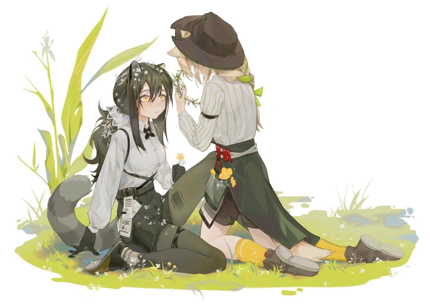 2girls animal_ears animal_hands arknights beanstalk_(arknights) black_footwear black_headwear black_pantyhose black_shorts blush braid brown_hair facing_away flower grass green_ribbons grey_hair hair_between_eyes hair_ribbon hat head_wreath holding holding_flower holding_wreath hyena_ears hyena_girl hyena_tail knee_up kneeling long_hair long_sleeves looking_at_another multicolored_hair multiple_girls pantyhose pantyhose_under_shorts parted_lips ponytail raccoon_ears raccoon_girl raccoon_tail ribbon robin_(arknights) shirt shoes shorts sidelocks simple_background sitting socks streaked_hair tail thigh_strap white_background white_flower white_shirt yellow_eyes yellow_flower yellow_socks yumingtongxue