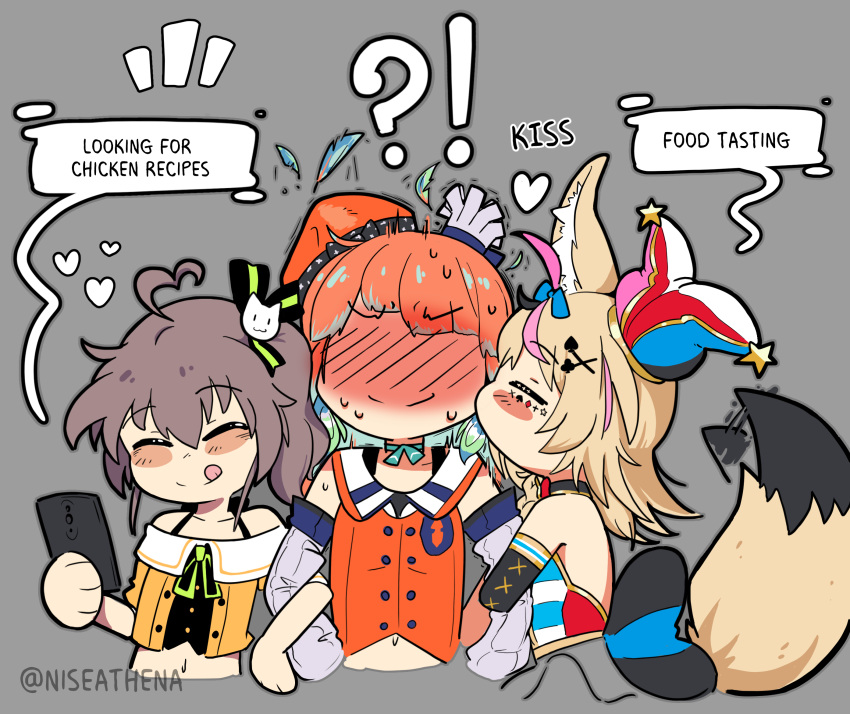 ! !? 3girls =_= ^_^ ahoge animal_ears aqua_choker bare_shoulders beret blonde_hair blush blush_stickers bow bow_choker brown_hair cellphone chibi closed_eyes commentary crop_top detached_sleeves english_commentary english_text feathers fox_ears fox_girl fox_tail full-face_blush grey_background hat heart heart_ahoge highres holding holding_phone hololive hololive_english hot kissing kissing_cheek long_hair looking_at_object looking_at_phone midriff multiple_girls natsuiro_matsuri natsuiro_matsuri_(1st_costume) navel nervous nervous_sweating niseathena off-shoulder_shirt off_shoulder omaru_polka omaru_polka_(1st_costume) phone ponytail reverse_translation ribbon scared shaded_face shirt side_ponytail smartphone smile speech_bubble surprised sweat tail tail_bow tail_ornament tail_wagging takanashi_kiara takanashi_kiara_(1st_costume) translated trembling twitter_username virtual_youtuber watermark yuri