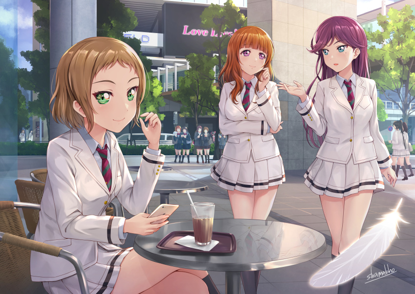 6+girls :d a-rise black_socks blazer blue_eyes blunt_bangs brown_hair cellphone chair collared_shirt commentary_request copyright_name cup day drinking_glass drinking_straw green_eyes hand_on_own_elbow highres holding holding_phone idol jacket kira_tsubasa kneehighs limousine long_hair long_sleeves looking_at_viewer love_live! love_live!_school_idol_project miniskirt mole mole_under_eye multiple_girls napkin necktie open_mouth outdoors phone pleated_skirt purple_eyes purple_hair real_world_location school_uniform shamakho shirt short_hair sitting skirt smartphone smile socks standing striped striped_necktie table todo_erena tree utx_school_uniform walking white_jacket white_skirt yazawa_nico yuki_anju