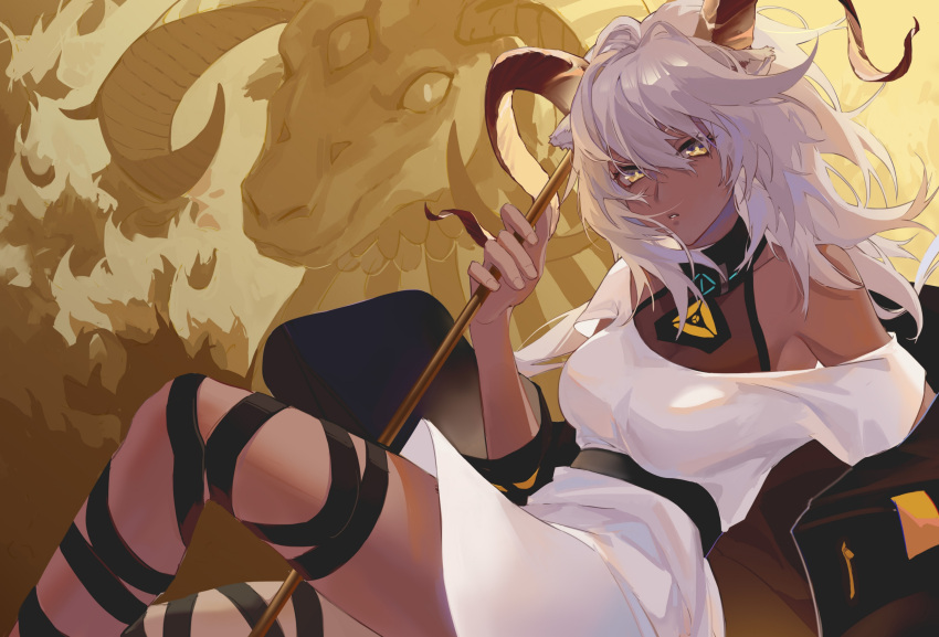 animal animal_ears arknights beeswax_(arknights) black_collar breasts collar dark-skinned_female dark_skin dress female goat goat_ears goat_girl goat_horns hair_between_eyes highres holding holding_stick horns infection_monitor_(arknights) knee_up leg_wrap looking_at_viewer parted_lips short_hair single_bare_shoulder small_breasts solo stick white_dress white_hair yellow_background yellow_eyes yumingtongxue