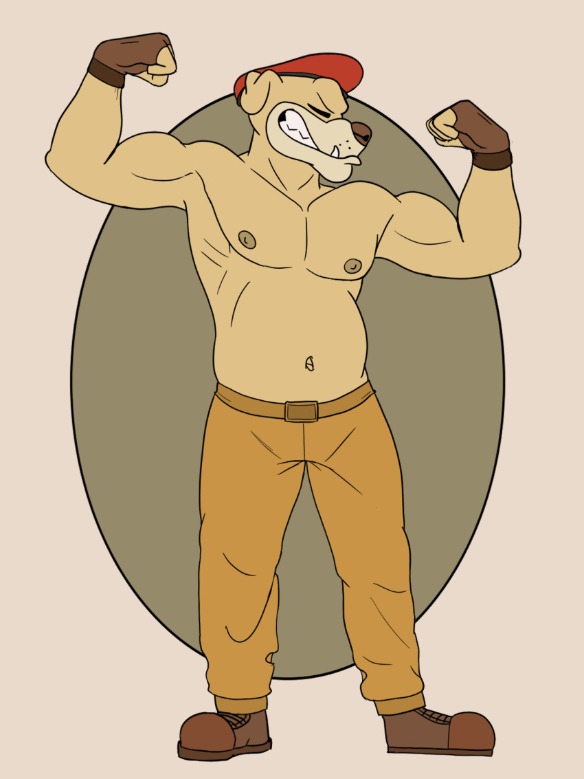 2022 3:4 anthro belly belt biceps boots bottomwear bulldog canid canine canis closed_eyes clothed clothing cuphead_(game) domestic_dog fighter_pilot_bulldog fingerless_gloves flexing flexing_bicep flexing_both_biceps footwear gloves handwear hat headgear headwear hi_res lewd_latte male mammal mastiff molosser musclegut muscular muscular_anthro muscular_male navel nipples pants pecs simple_background smile smirk snout solo topless